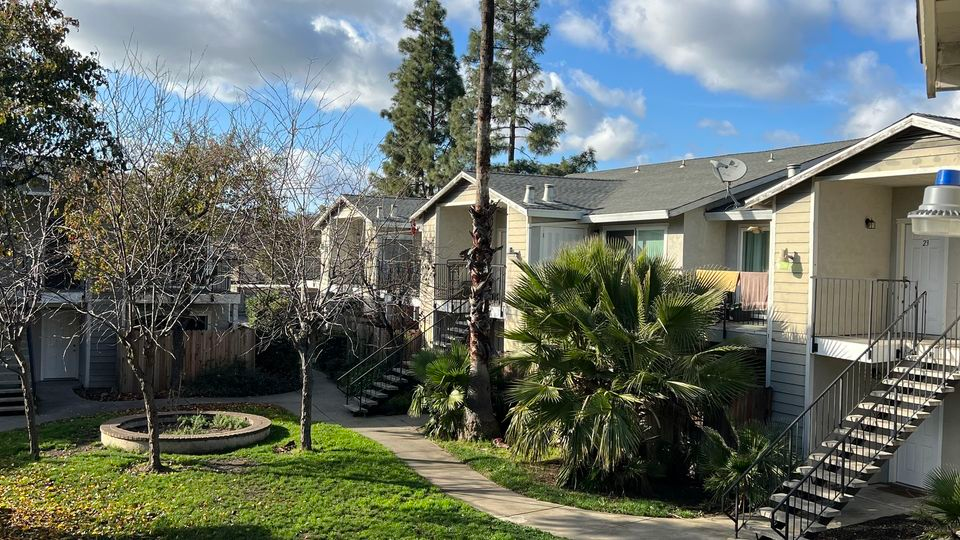 Apartment courtyard with stairways, palm trees, and green lawn under a blue sky