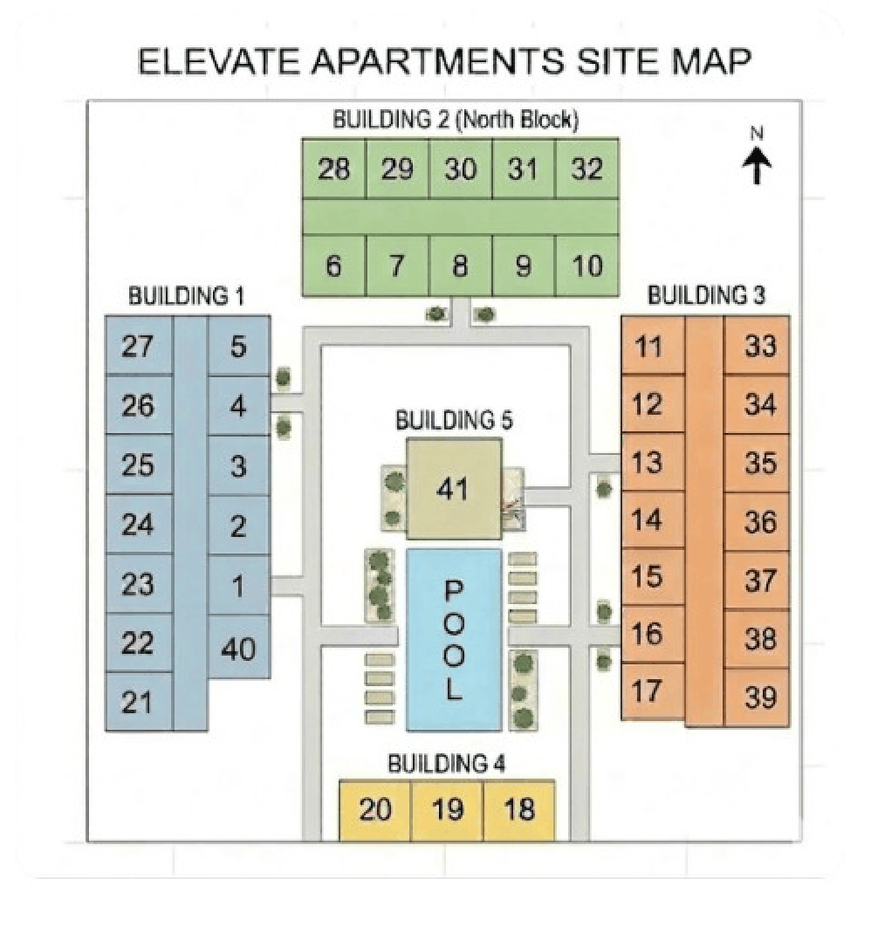 Elevate Apartments site map showing numbered buildings and pool layout, color-coded blocks with north arrow.