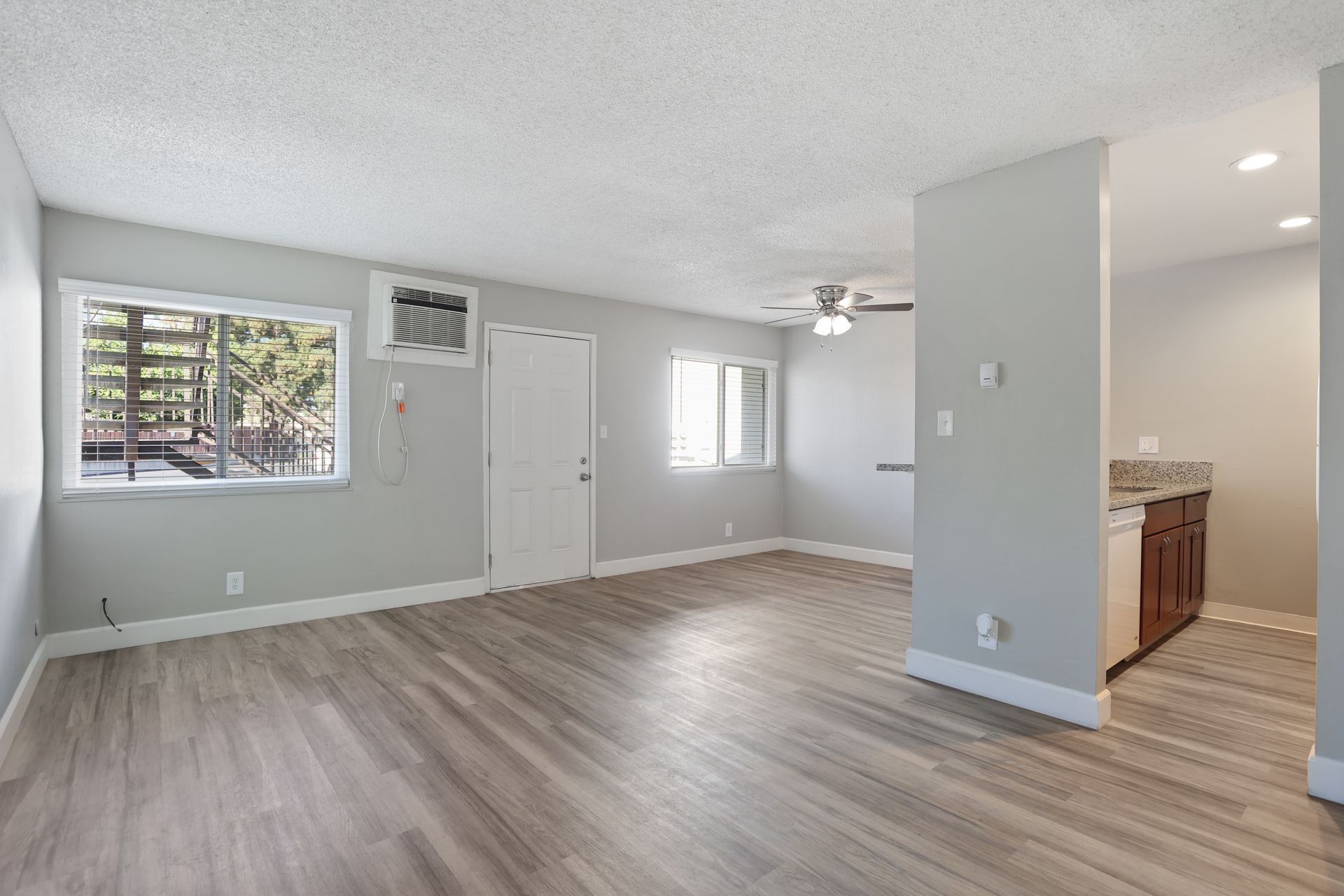Empty gray living room with wood-look floors and a view into the kitchen