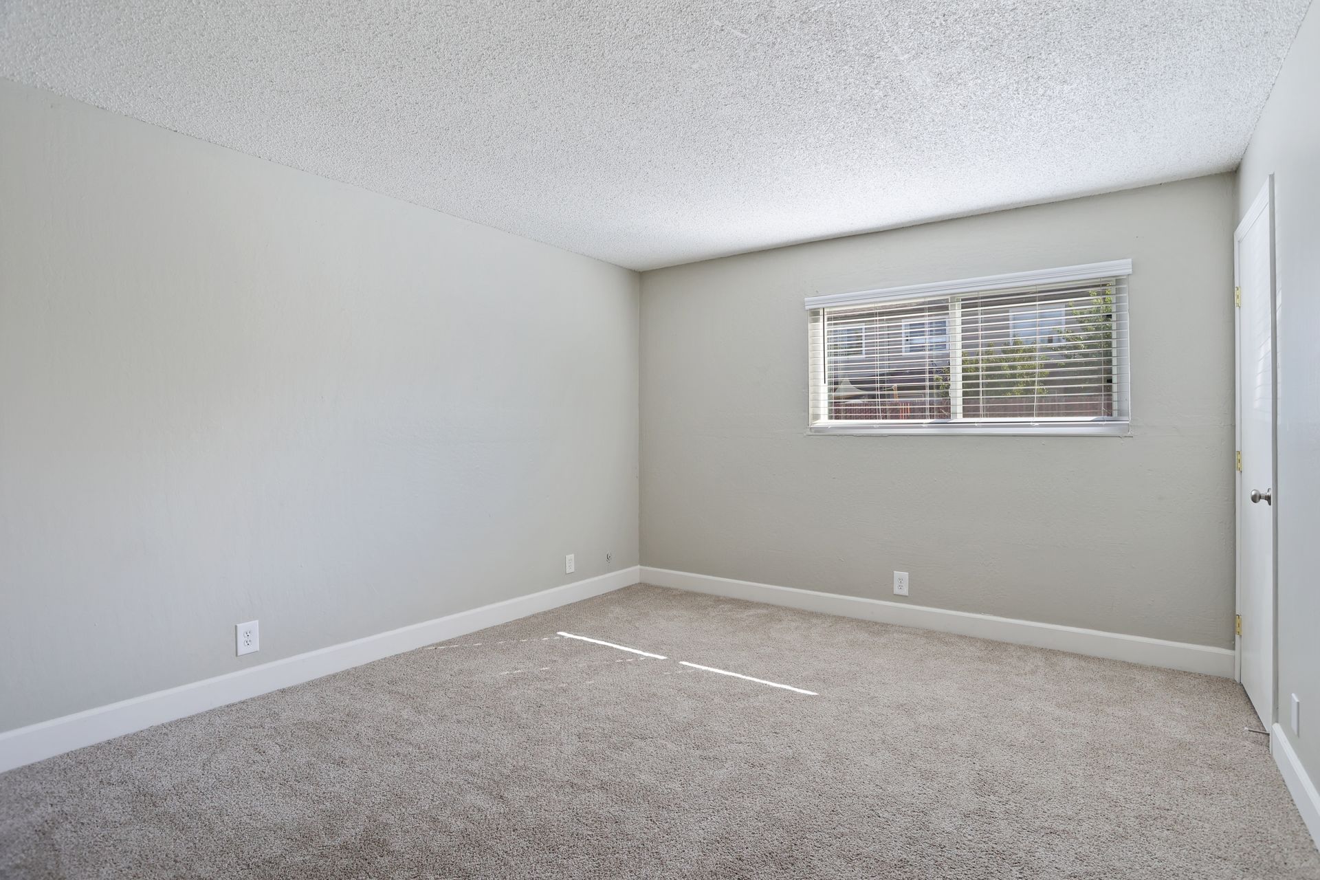 Empty beige bedroom with carpet, window blinds, and white trim