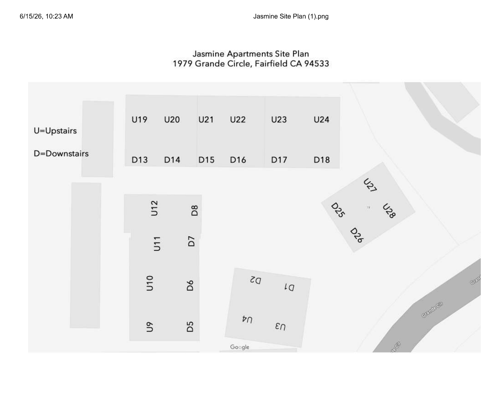 Grey floor plan map with labeled room blocks and a directional path area.