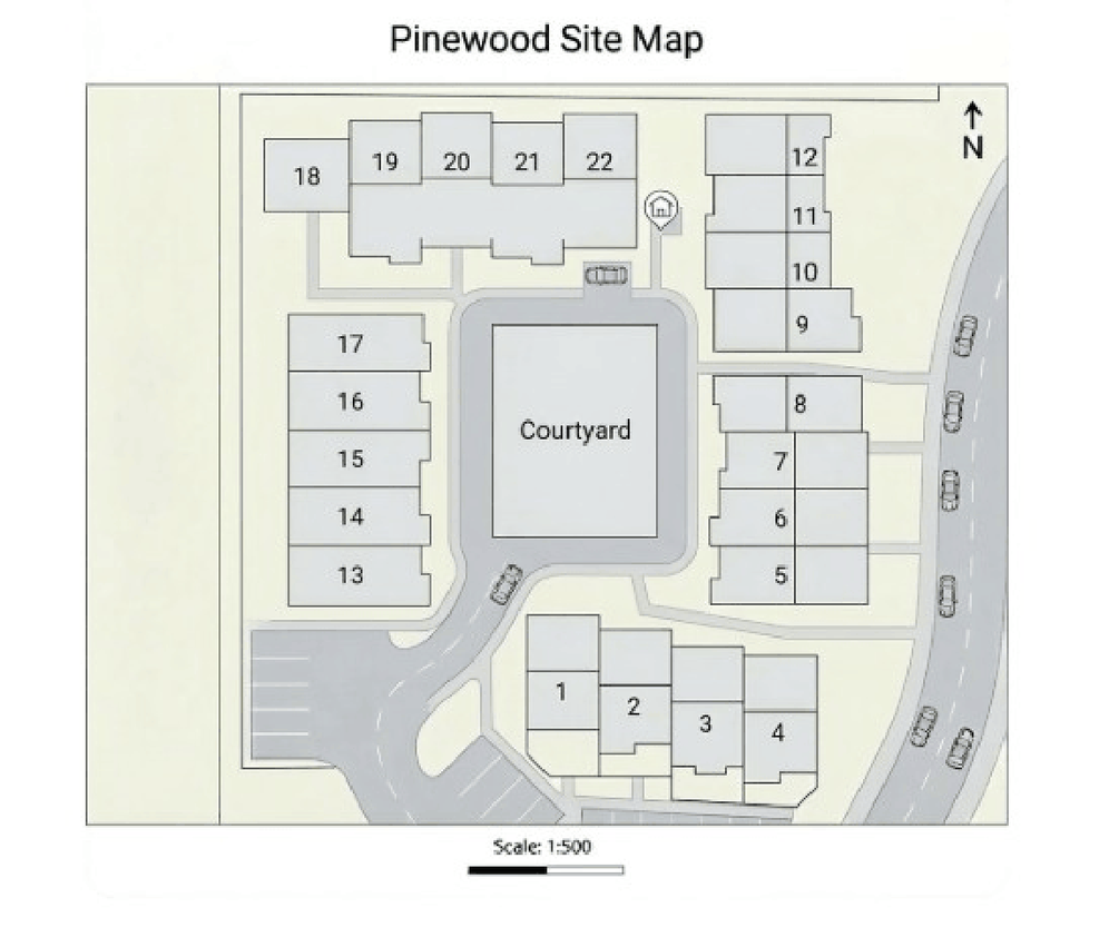 Pinewood site map showing numbered buildings around a central courtyard and parking areas, with north arrow.