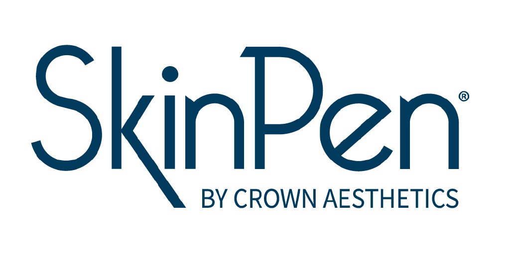 The skinpen by crown aesthetics logo is blue and white.
