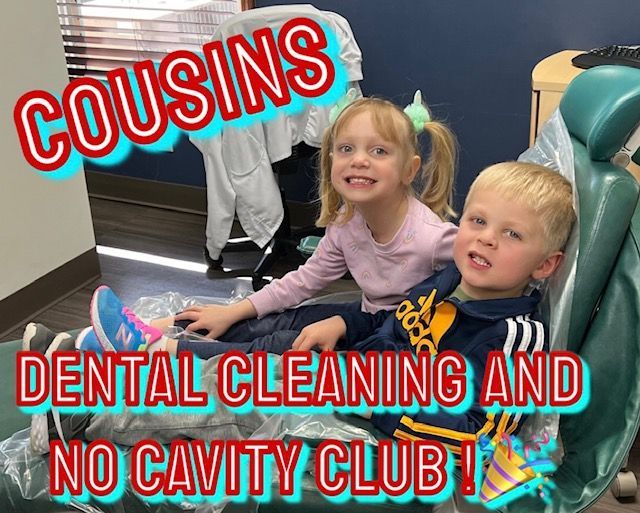 Two smiling children, cousins, after dental cleaning. One in chair, colorful text overlays.