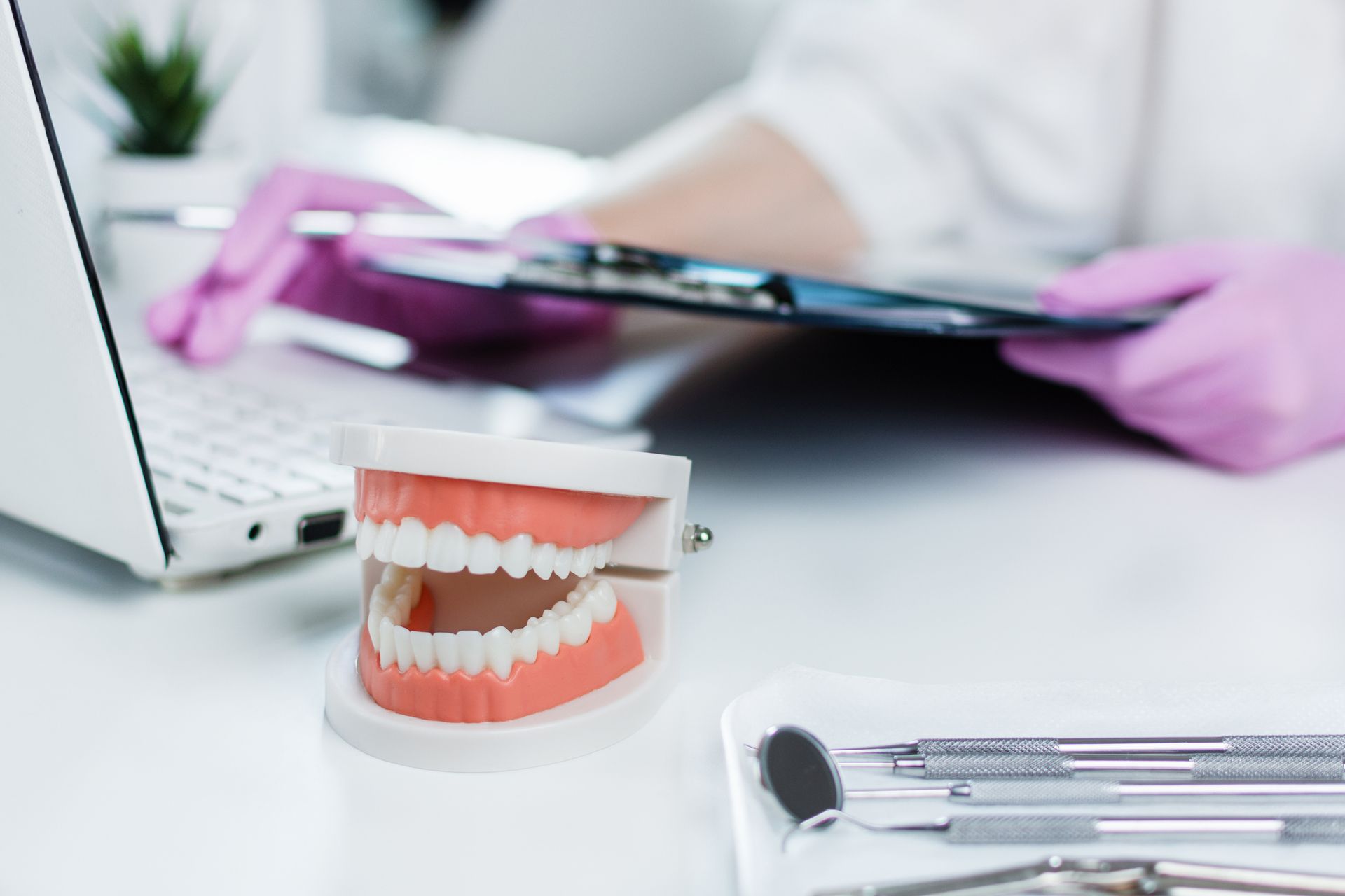Dental model and instruments on desk with dentist using a laptop and clipboard.