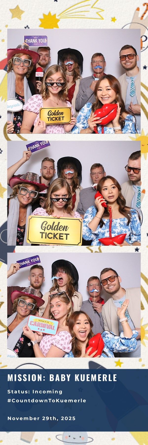 Santa Claus with elves in red and green costumes on a street with buildings.
