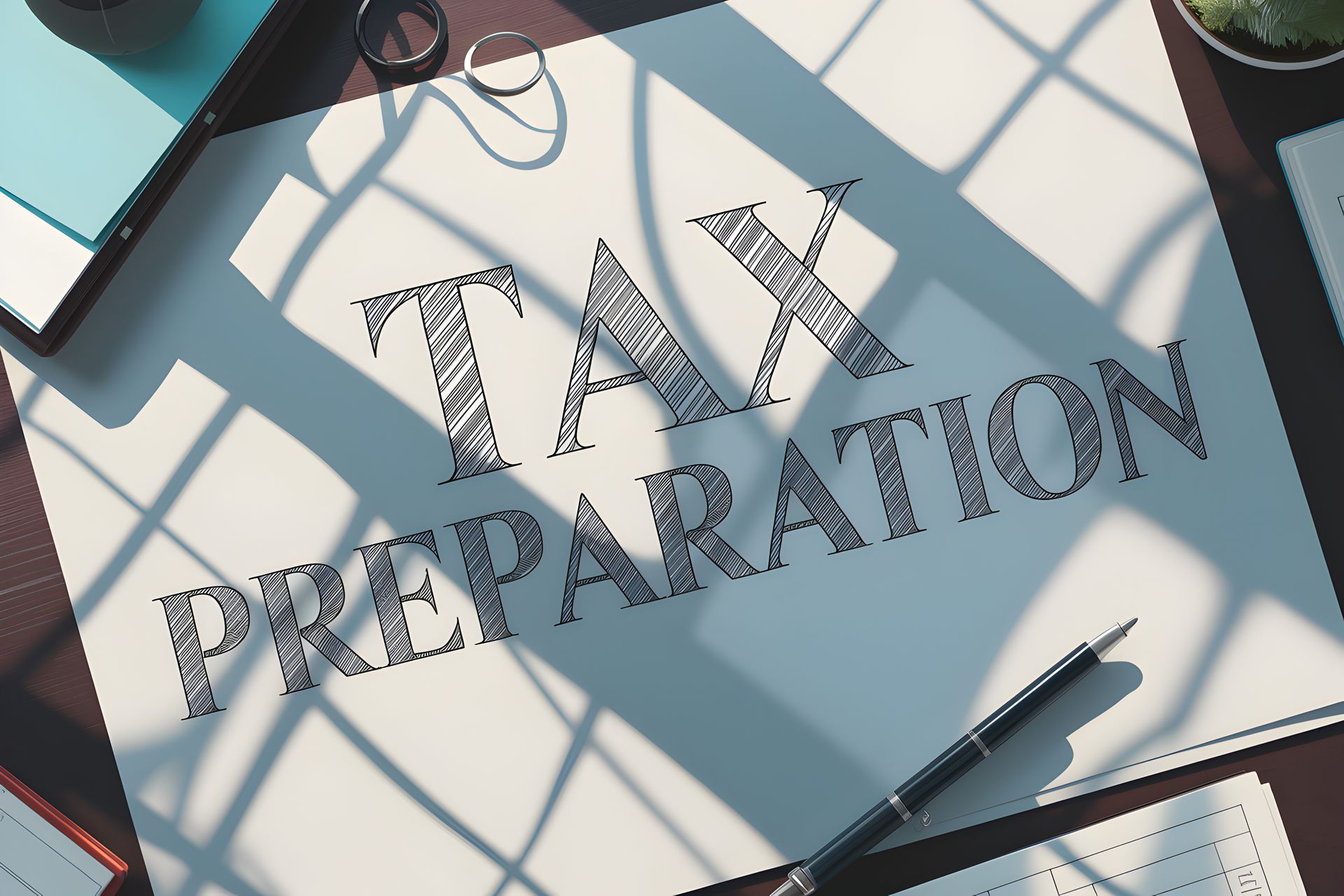 Personal tax preparation paperwork and pen on a desk.