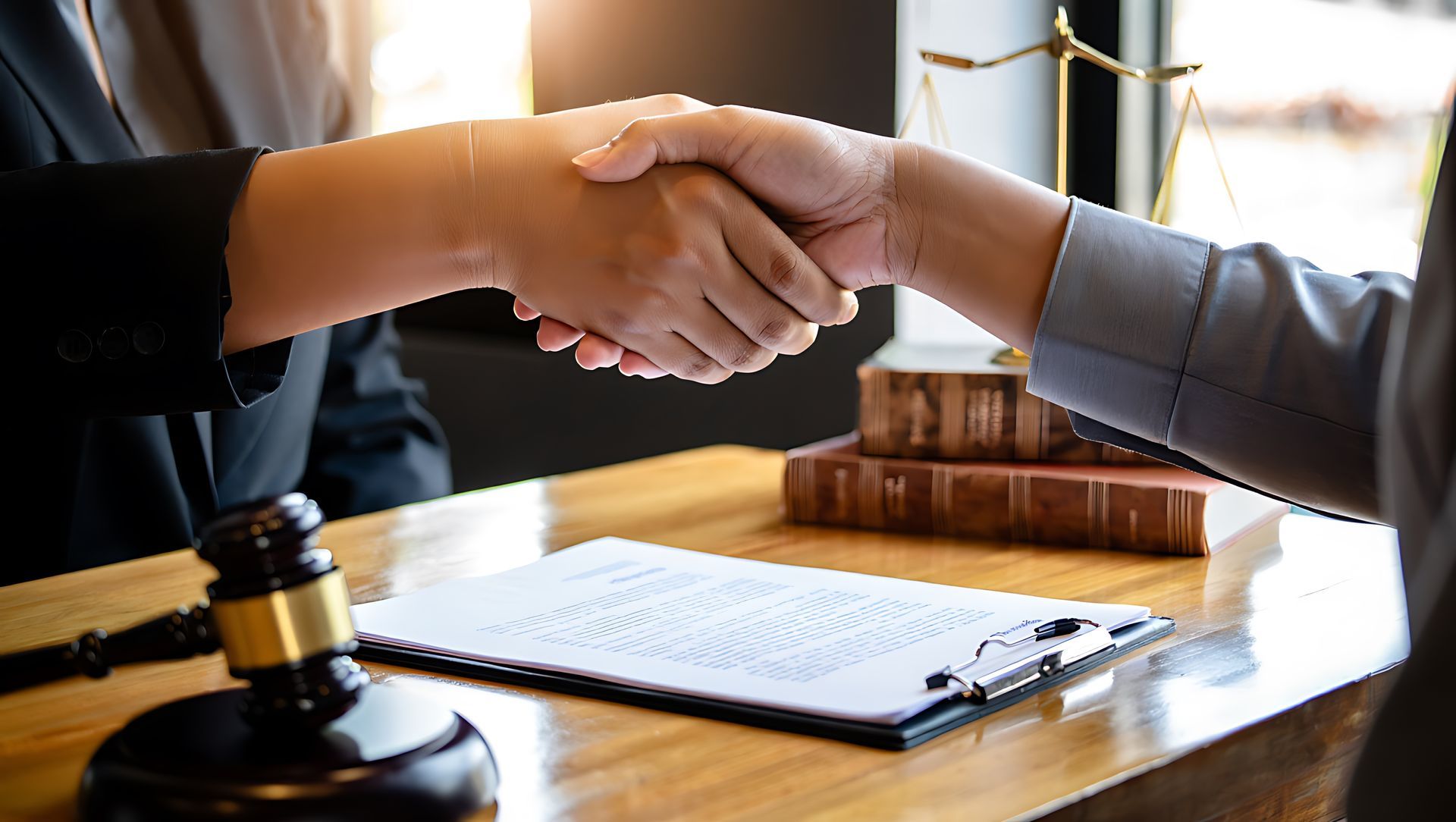 Two people with formal clothes shake hands, with legal documents and a gavel on their table.