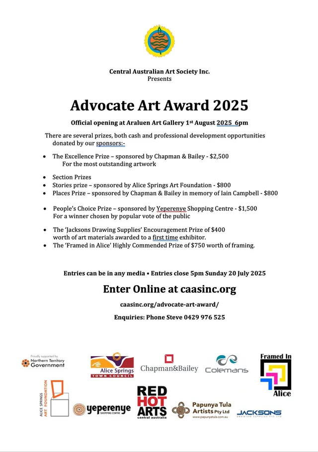 Event flyer for the Advocate Art Award 2025, detailing award categories, entry deadlines, and sponsor logos.
