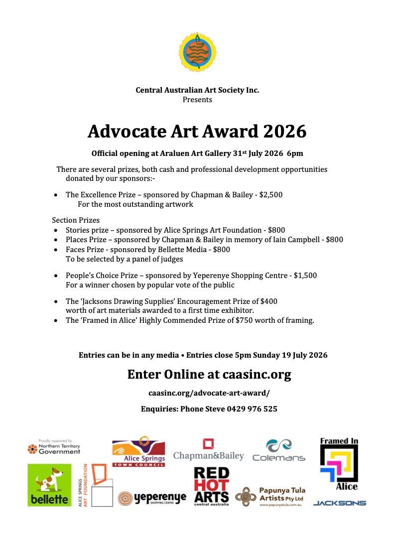 Event flyer for the Advocate Art Award 2025, detailing award categories, entry deadlines, and sponsor logos.
