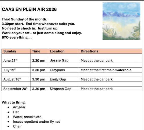 Schedule for the 2026 CAAS En Plein Air painting group, listing dates, times, locations, directions, and items to bring.