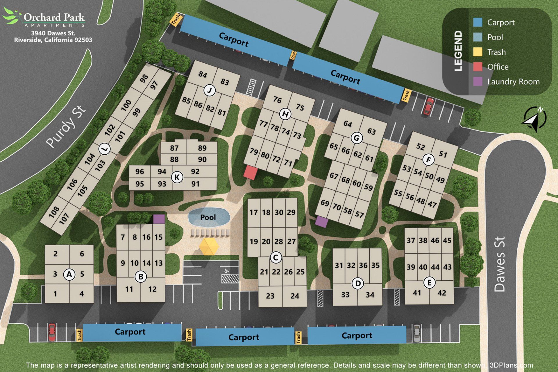Site map of Orchard Park Apartments 3940 Dawes Street Riverside, CA  92503