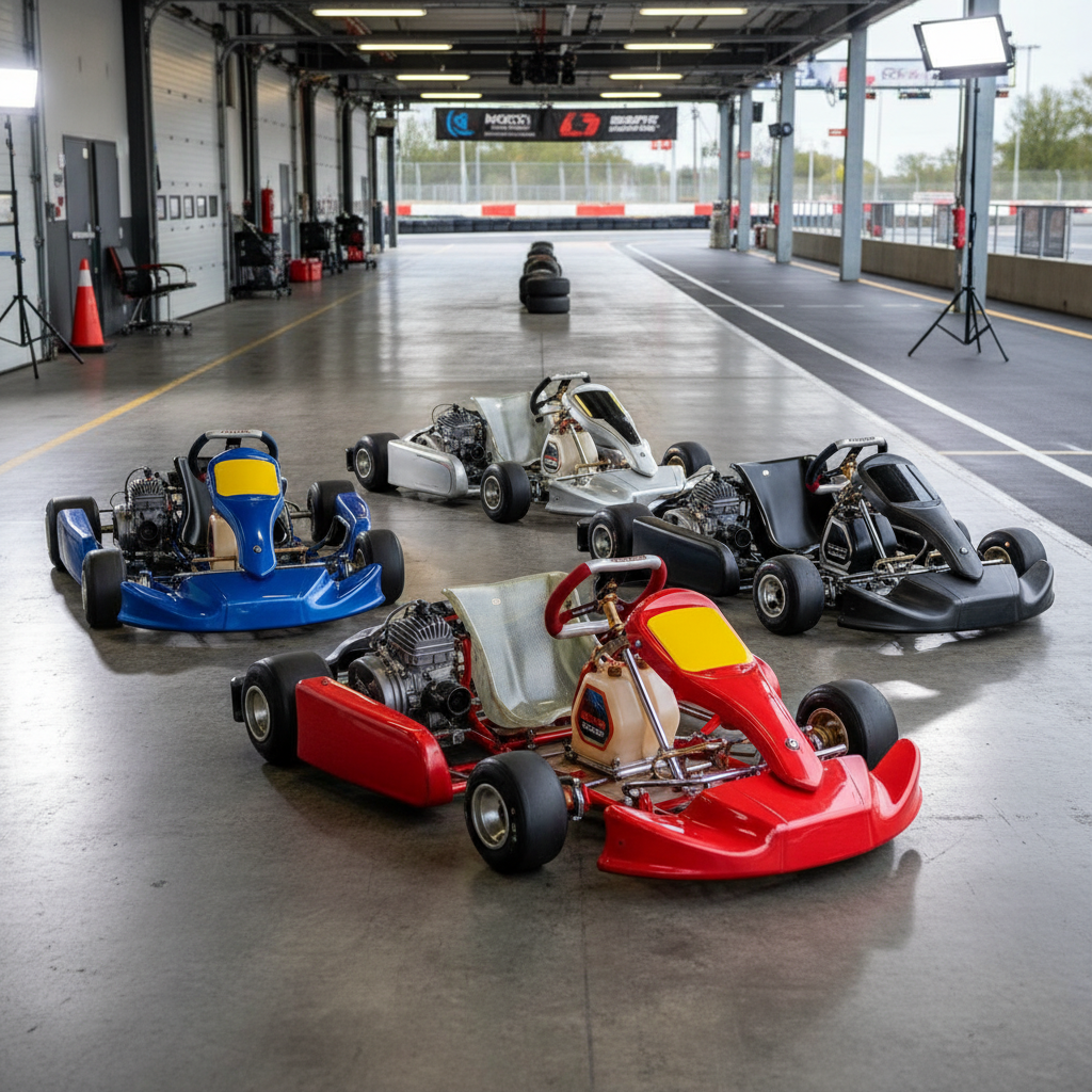 Go-karts lined up in a garage, a red one in the front, blue, silver, and black ones behind it; racetrack in background.