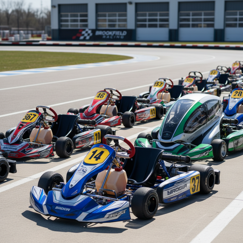 Go-karts lined up on a race track, ready to start. Several colorful karts with drivers and Brookfield Racing sign in the background.