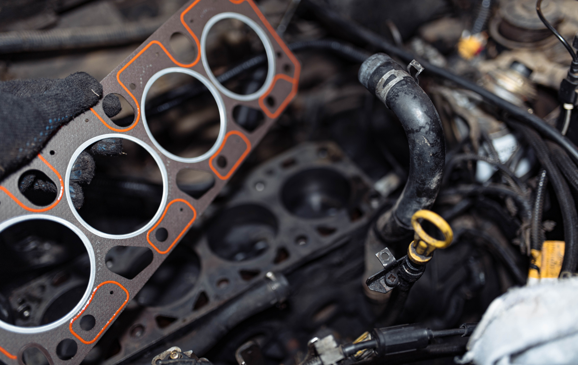 A hand in a black glove holds a new head gasket above the exposed cylinders of an open car engine.