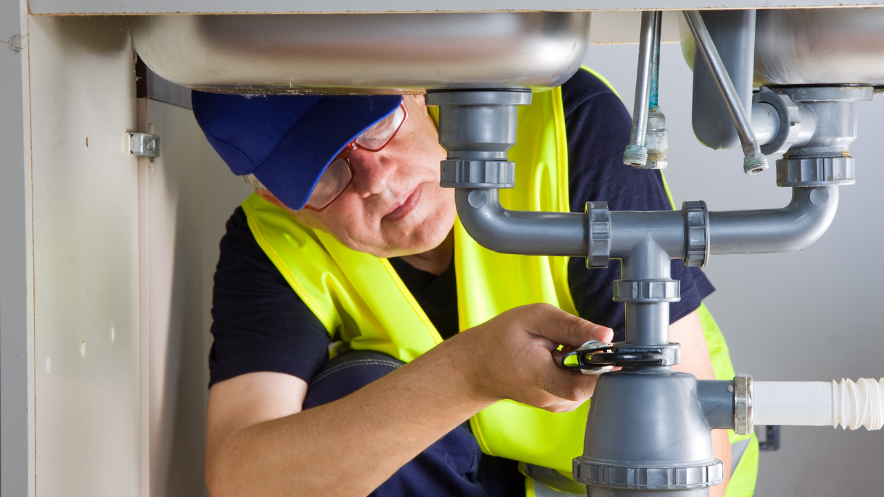 A person wearing a high-visibility yellow vest and cap uses a wrench to repair pipes under a kitchen sink.