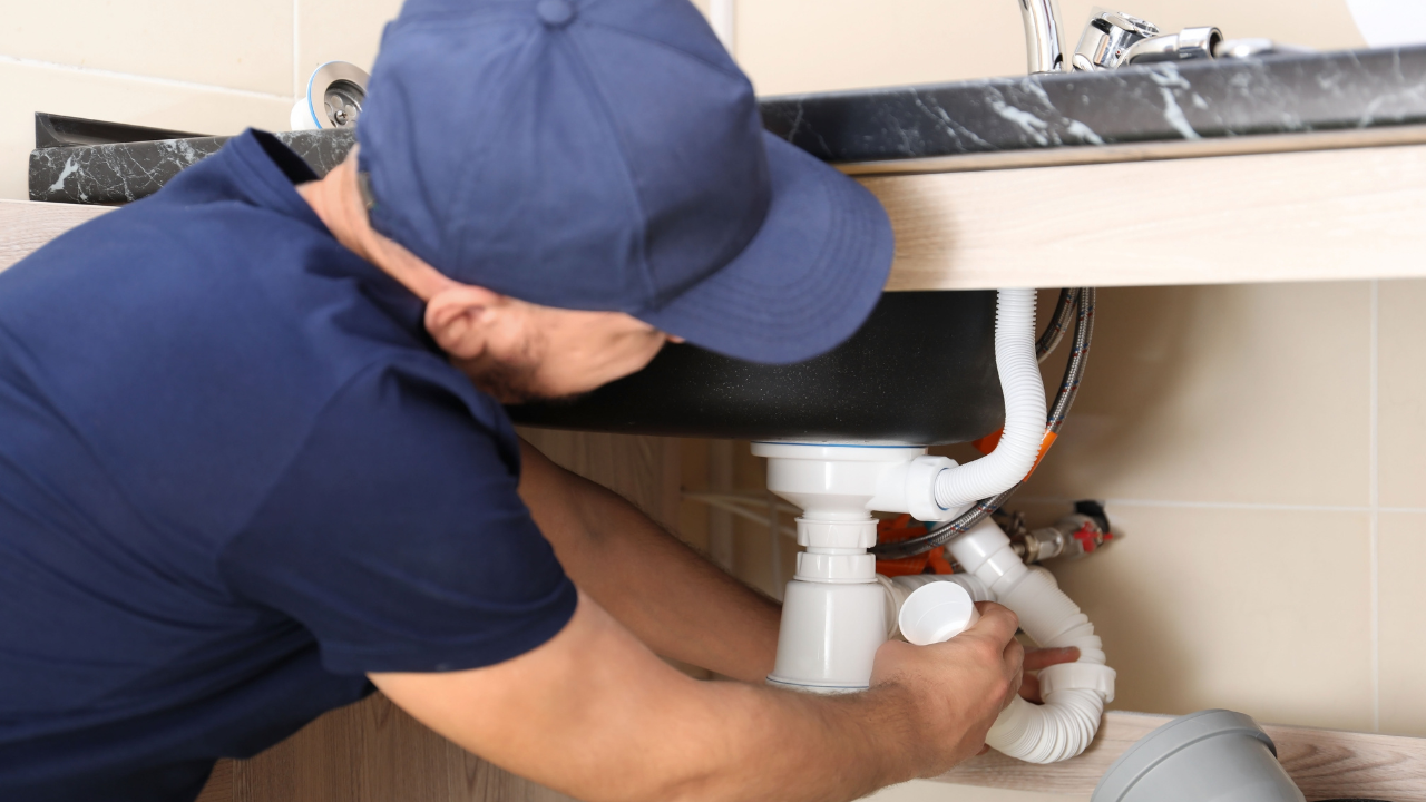 A plumber in a blue uniform repairing white plastic pipes under a kitchen sink.