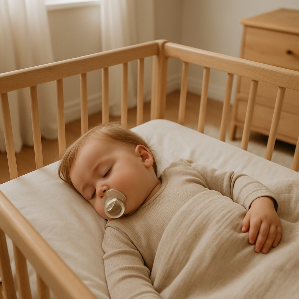 A baby is sleeping in a wooden crib with a pacifier in his mouth.