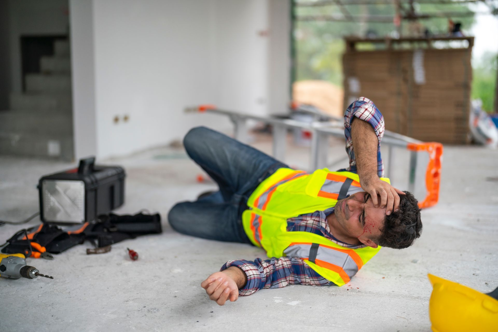 Man in safety vest on construction site floor after accident, emphasizing Work Injury Lawyer help.