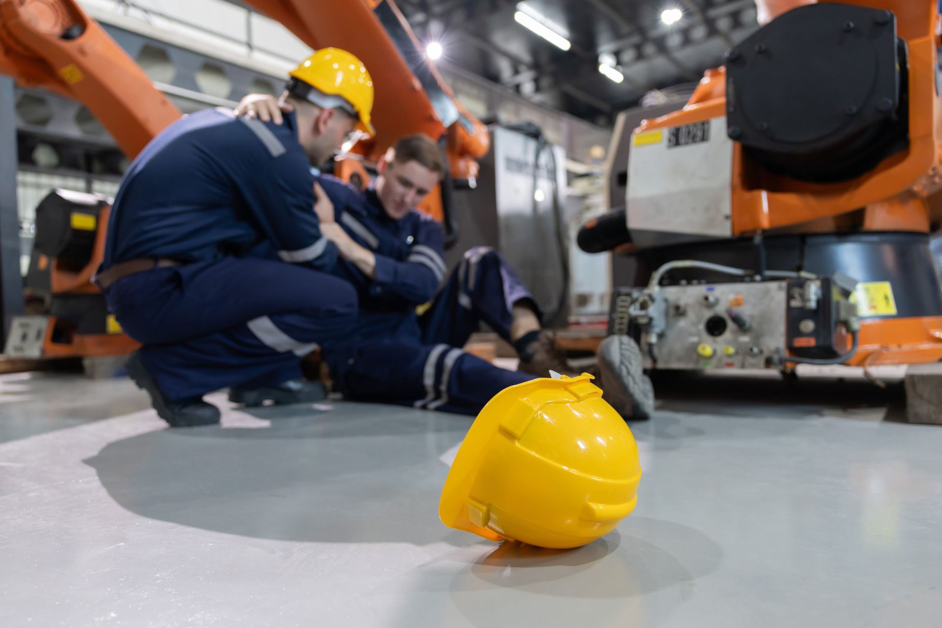 A worker helping an injured colleague on the floor.