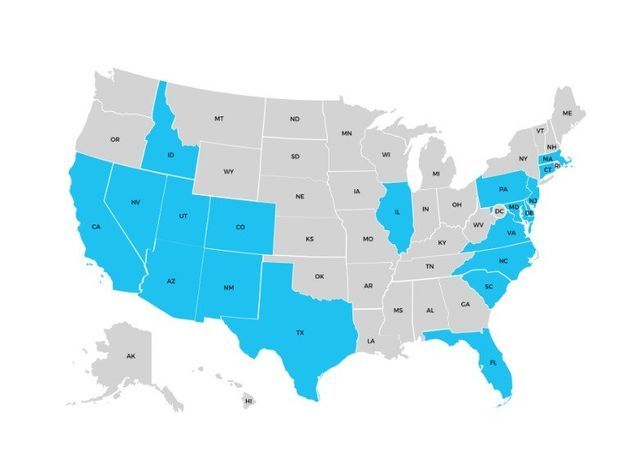 A map of the united states with blue states highlighted