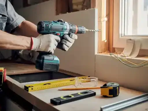 A person using a drill to work on a kitchen counter near a window. Tools are visible on the counter.