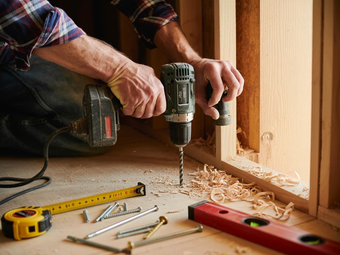 Person drilling into a wooden floor with a power drill; tools scattered around.