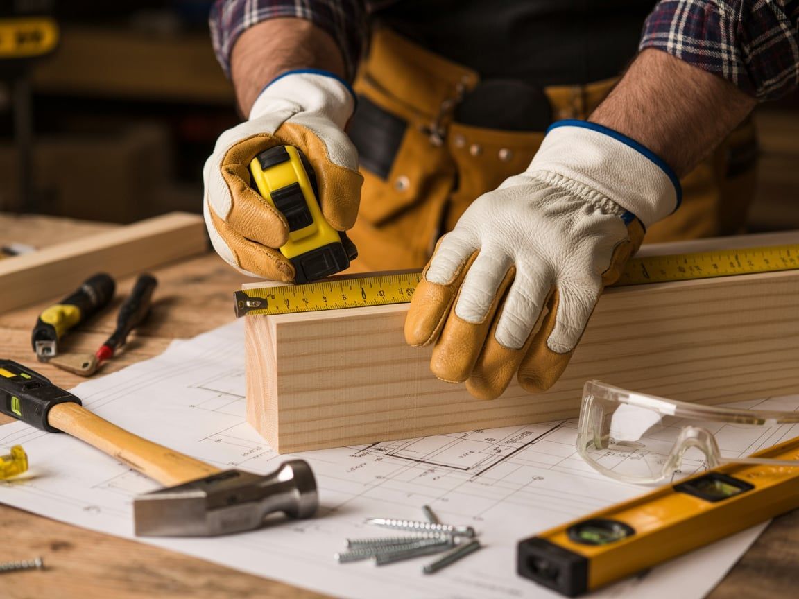 Carpenter measuring wood with a tape measure, wearing gloves, in a workshop.