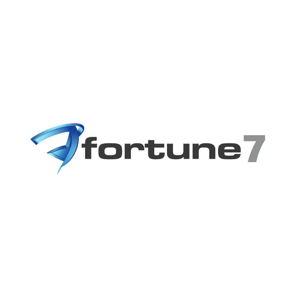 A logo for fortune 7 with a blue arrow on a white background.