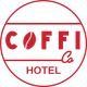 a red and white logo for a hotel with a coffee bean in the middle .