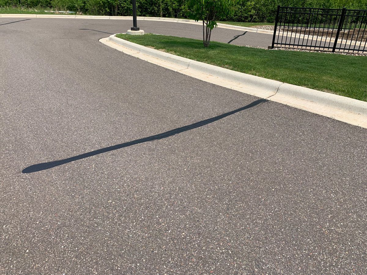 A shadow of a tree is cast on the asphalt of a road.