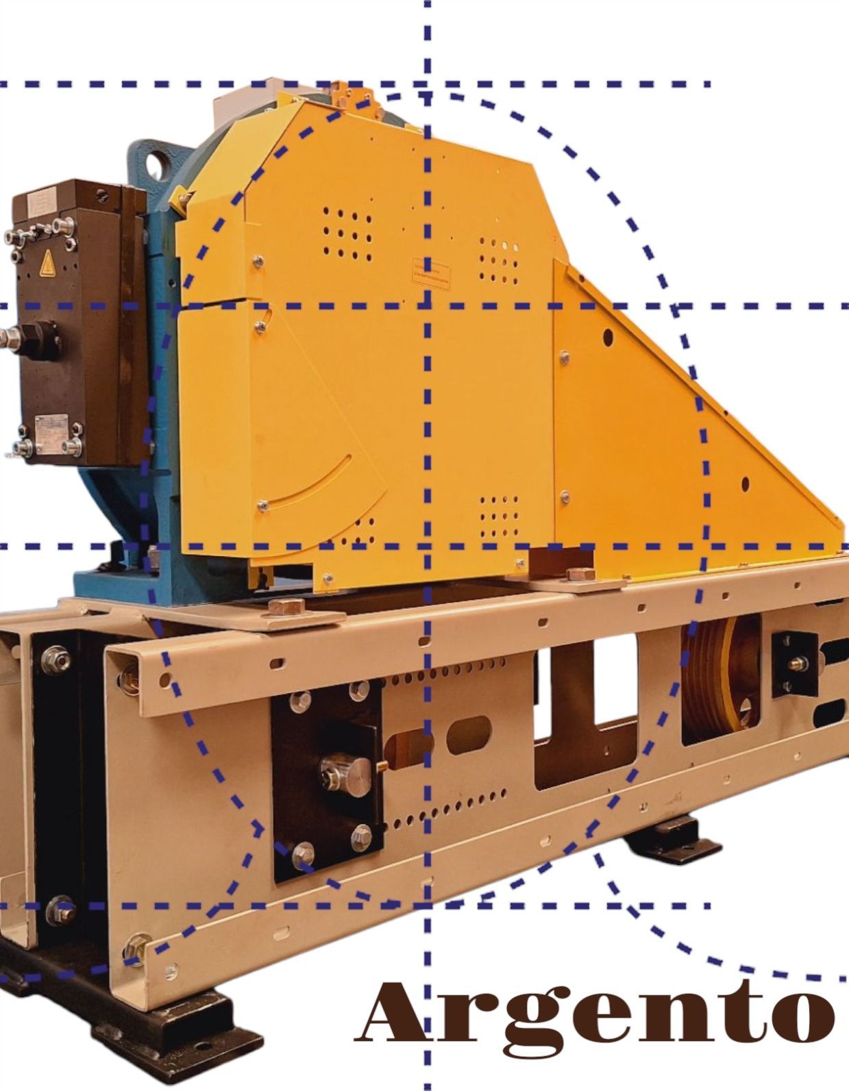 Una máquina industrial de color amarillo y azul sobre una base de metal con texto Argento superpuesto.