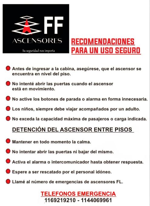 Pautas de seguridad para ascensores con información de contacto de emergencia.
