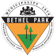 Bethel Park municipality seal with orange triangle, green trees, and circular text on white background