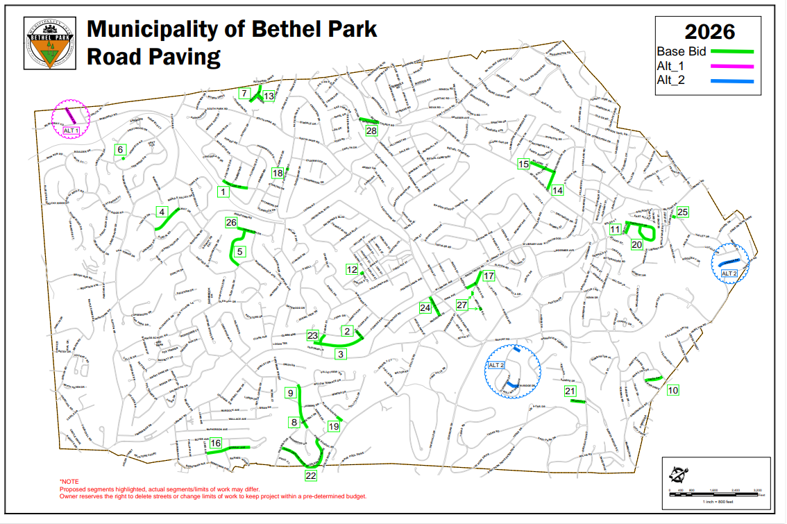 Map of Bethel Park road paving plan with colored road segments and legend