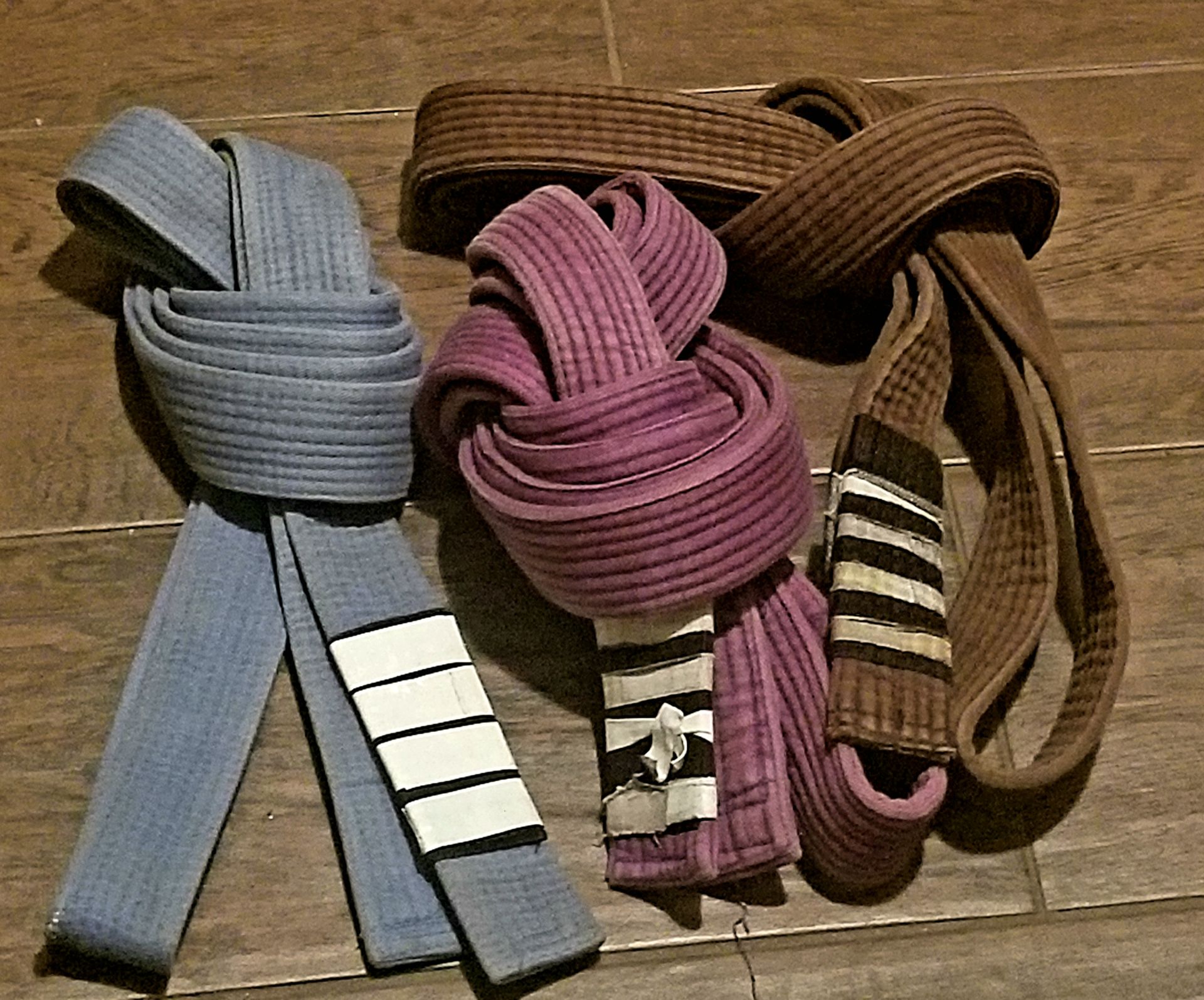 Three Brazilian Jiu-Jitsu belts: blue, purple, and brown, with white stripes denoting rank, on a wood surface.