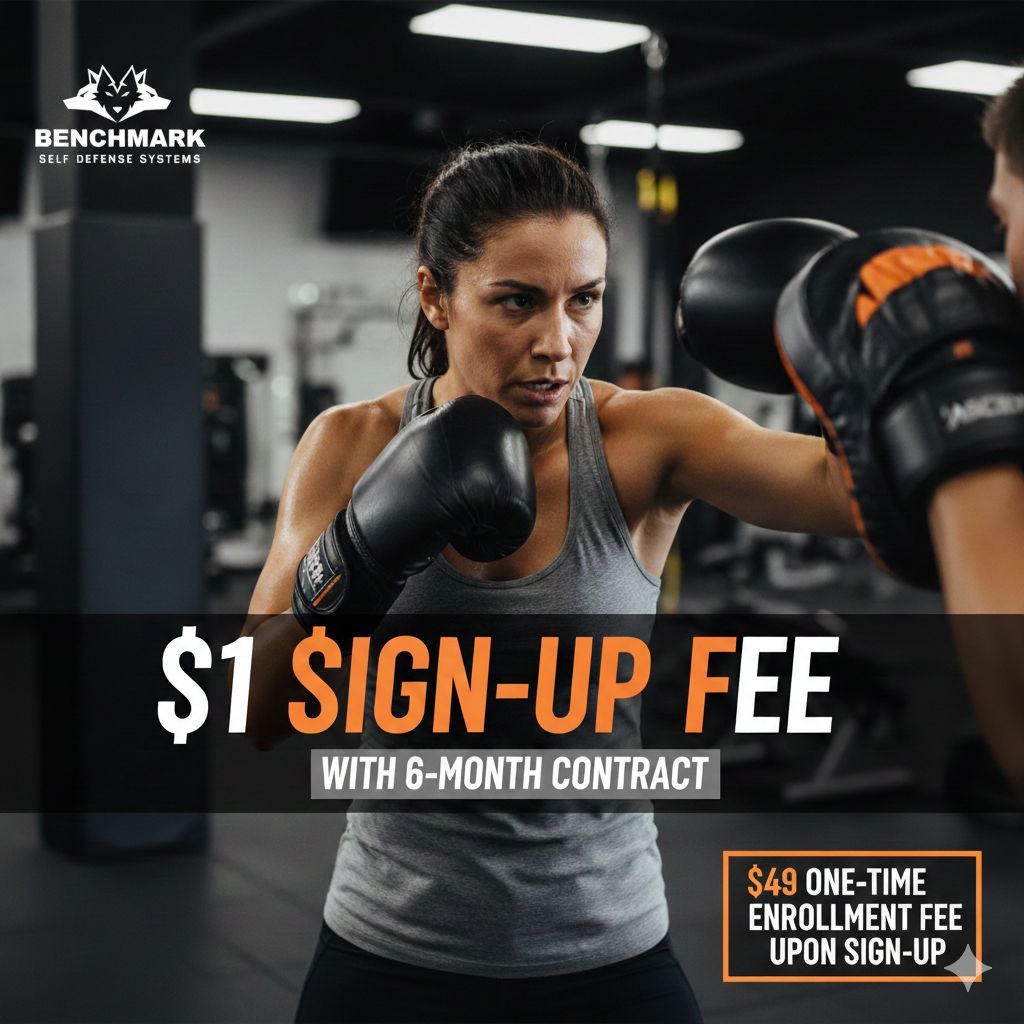 Woman boxing, $1 sign-up fee with a 6-month contract. $49 enrollment fee. Gym setting.
