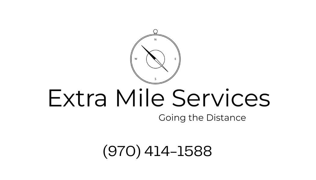 Logo for Extra Mile Services: compass, text