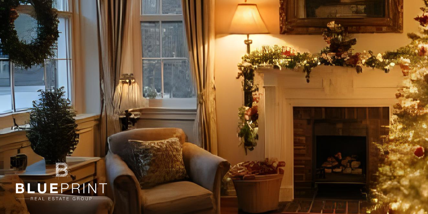 Cozy living room with Christmas decorations: lit fireplace, armchairs, windows with wreath and tree.