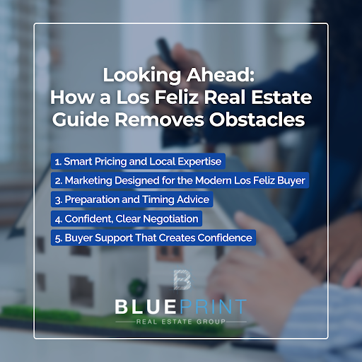 A graphic listing five ways that a Los Feliz real estate guide can remove obstacles with Blueprint Real Estate Group’s logo.