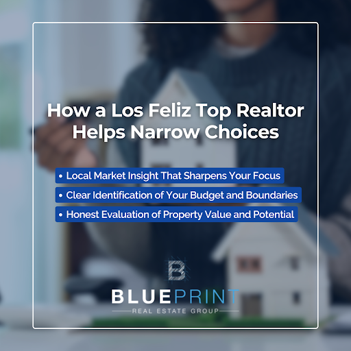 Woman holds house model imposed with text listing three ways a Los Feliz Top Realtor helps narrow buyer and seller choices.