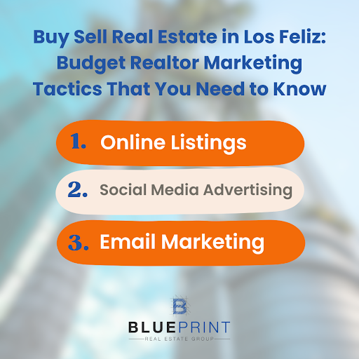 Infographic showing three budget-friendly realtor marketing tactics for buying and selling real estate in Los Feliz.