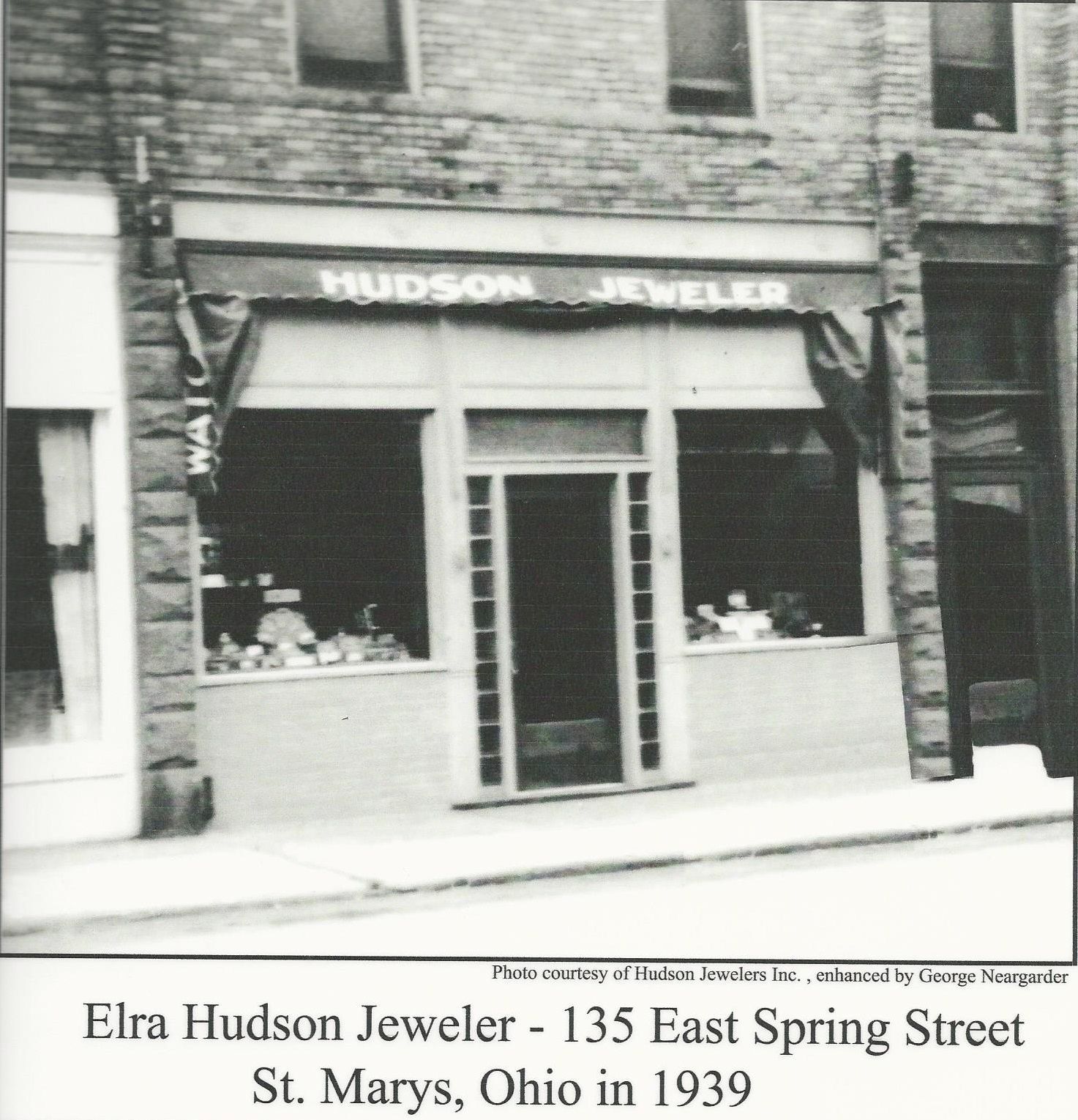Hudson Jeweler storefront, St. Marys, Ohio, 1939. Signage above reads 