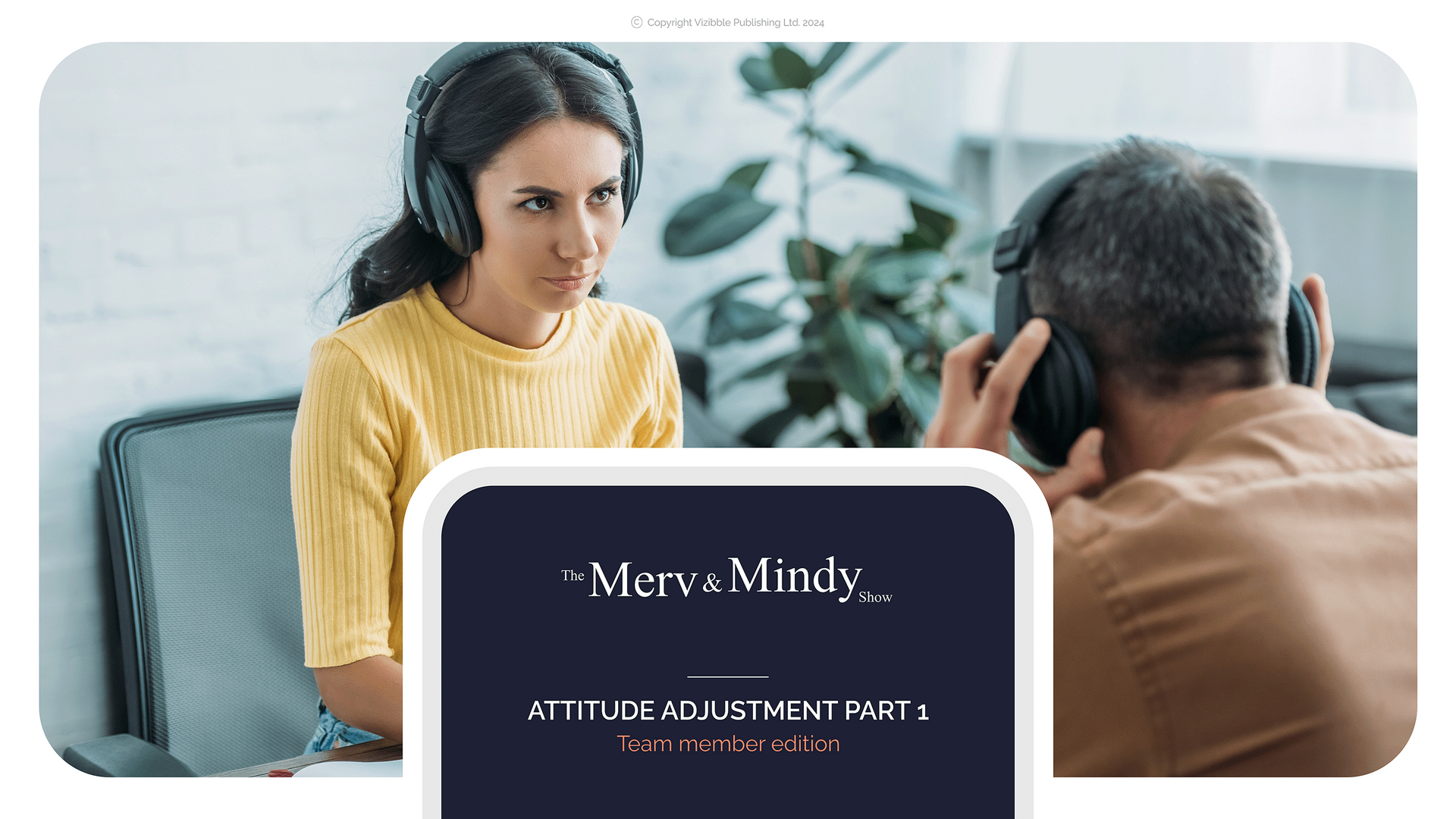 Woman and man wearing headphones, text overlay: