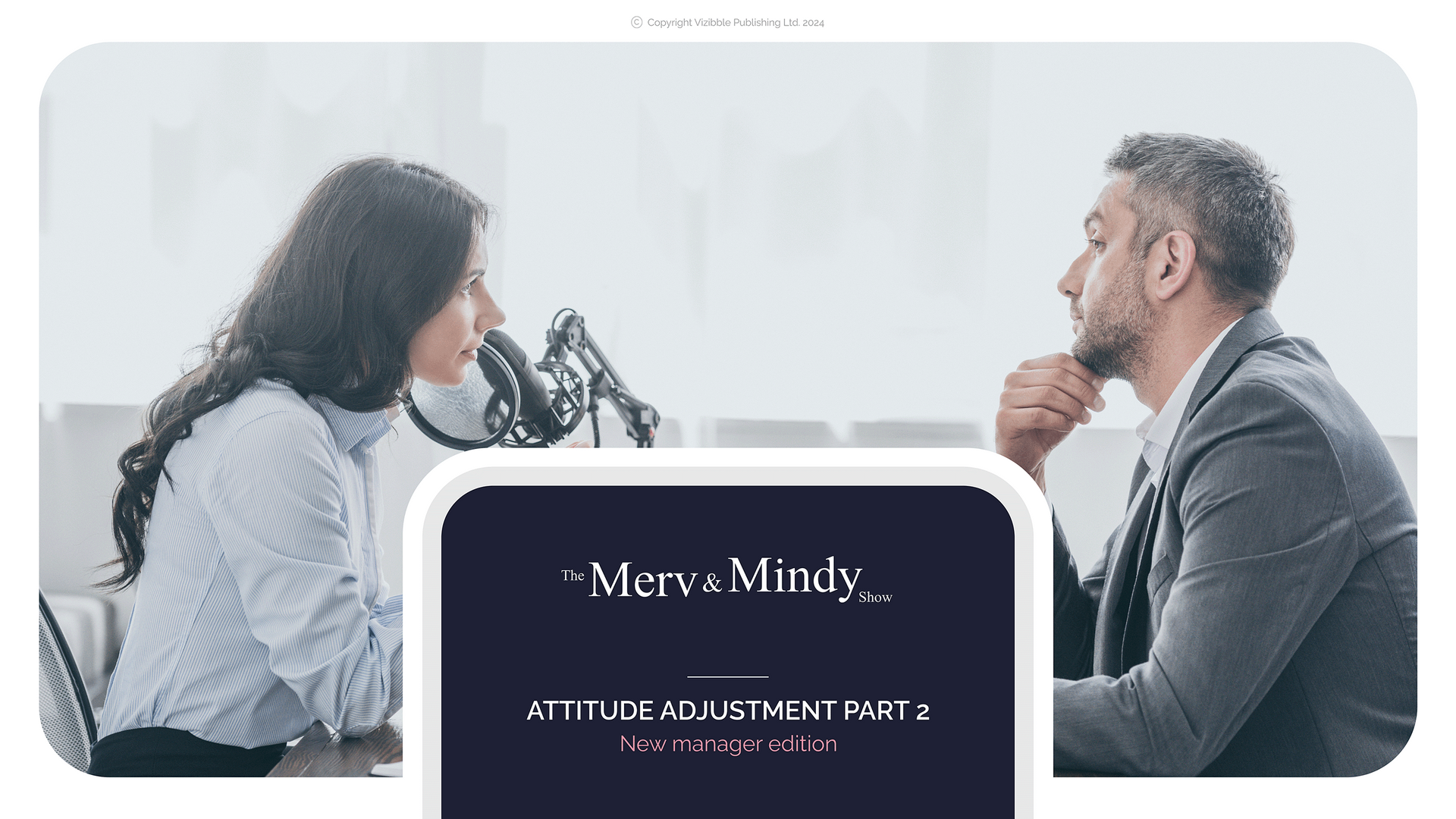 Woman interviewing a man with microphone; title card overlay: 