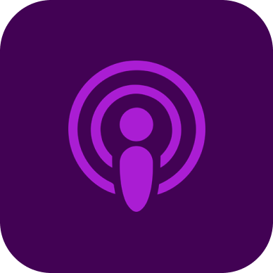 Purple podcast app icon with a radio wave symbol and a silhouette of a person.
