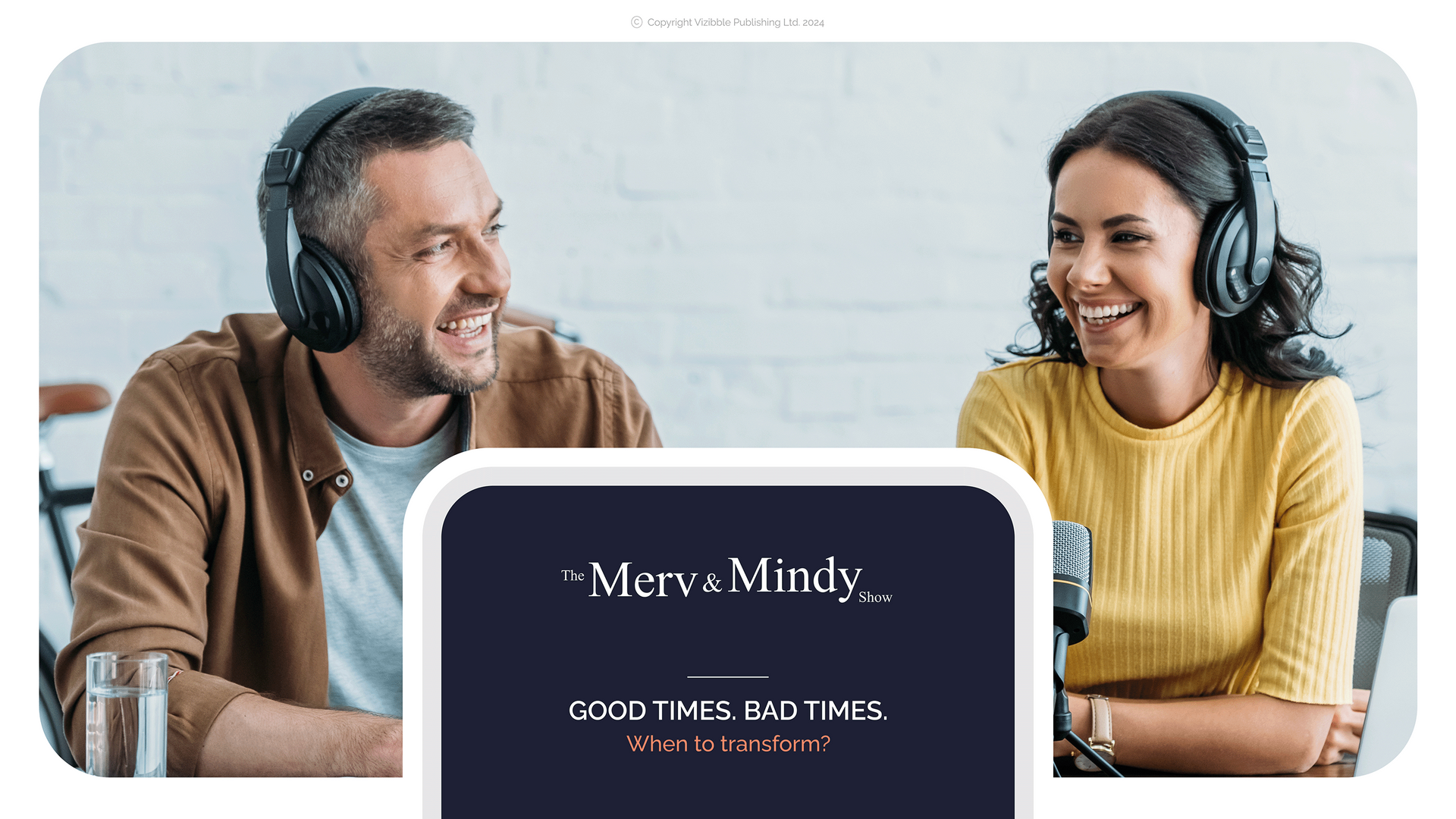 Man and woman wearing headphones smiling while podcasting.