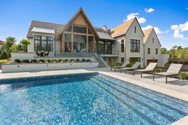 A large house with a swimming pool in front of it