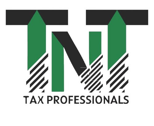 The logo for tnt tax professionals is green and black with arrows pointing up.