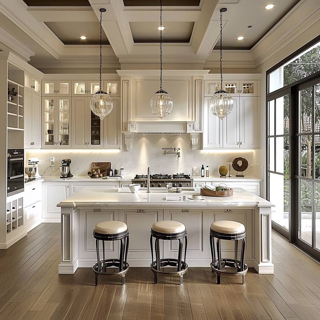 Elegant white kitchen with island, stools, pendant lights, and large windows.